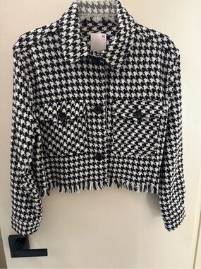 SO Black & White Houndstooth Cropped Blazer Fringe Hem Small